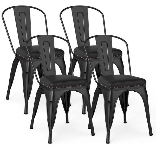 Costway Sedie impilabili con schienali rimovibili e sedile imbottito in pelle artificiale, Set di 4 sedie da pranzo in metallo Nero