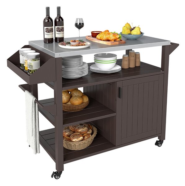 Costway Carrello per grill da esterno con portaspezie per barbecue, Isola da cucina portatile in metallo su ruote
