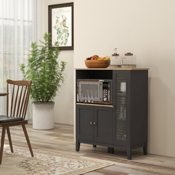 HOMCOM Mobile Microonde con Armadietto Inferiore e 3 Ripiani Laterali con Anta in Vetro, in Legno, 80x35x97 cm, Nero | Aosom Italy