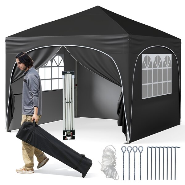 Costway Tenda gazebo richiudibile con 4 pareti rimovibili 3x3 m borsa con ruote, Riparo sole da spiaggia pieghevole Nero