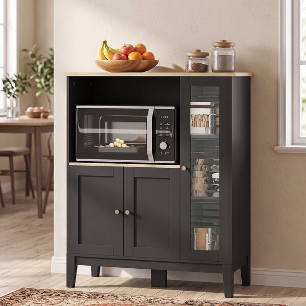 HOMCOM Mobile Microonde con Armadietto Inferiore e 3 Ripiani Laterali con Anta in Vetro, in Legno, 80x35x97 cm, Nero | Aosom Italy