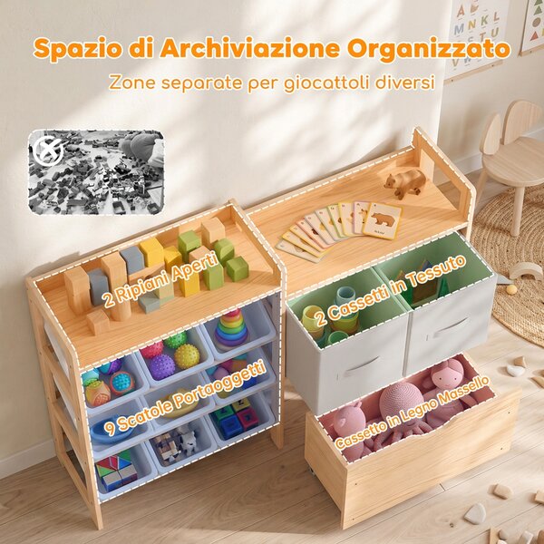 AIYAPLAY Mobile Giochi Bambini con 9 Contenitori, Libreria Montessoriana in Legno Naturale Bianco | Aosom Italy