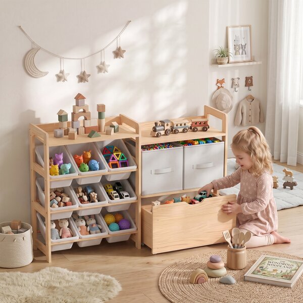 AIYAPLAY Mobile Giochi Bambini con 9 Contenitori, Libreria Montessoriana in Legno Naturale Bianco | Aosom Italy