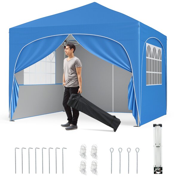 Costway Tenda gazebo richiudibile con 4 pareti rimovibili 3x3 m borsa con ruote, Riparo sole da spiaggia pieghevole Blu