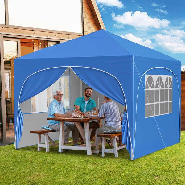 Costway Tenda gazebo richiudibile con 4 pareti rimovibili 3x3 m borsa con ruote, Riparo sole da spiaggia pieghevole Blu