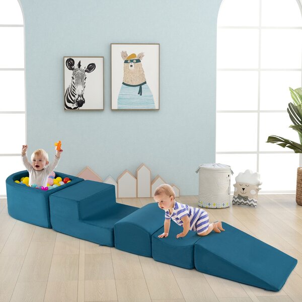 Costway Set di 5 blocchi di schiuma di blocchi giganti con piscina di palline, Grandi blocchi per giocare palline non incluse Blu