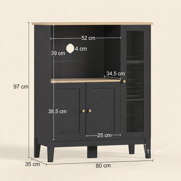 HOMCOM Mobile Microonde con Armadietto Inferiore e 3 Ripiani Laterali con Anta in Vetro, in Legno, 80x35x97 cm, Nero | Aosom Italy