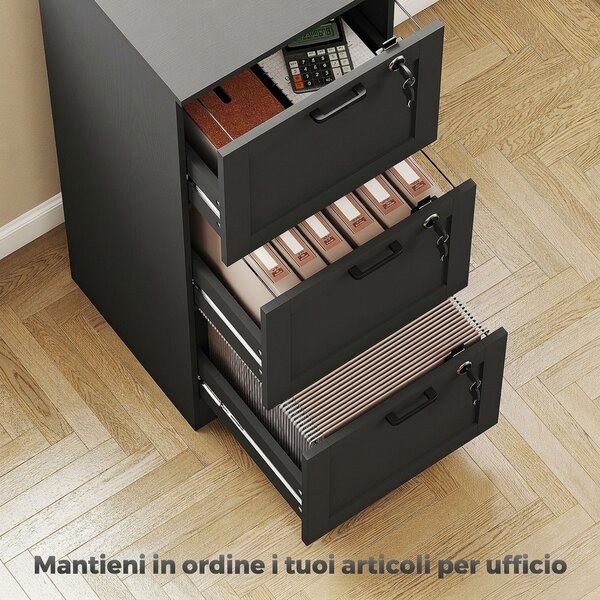 HOMCOM Cassettiera Portadocumenti a 3 Cassetti con Serrature e Spazio per Stampante, in Legno, 40x40x101 cm, Nero | Aosom Italy