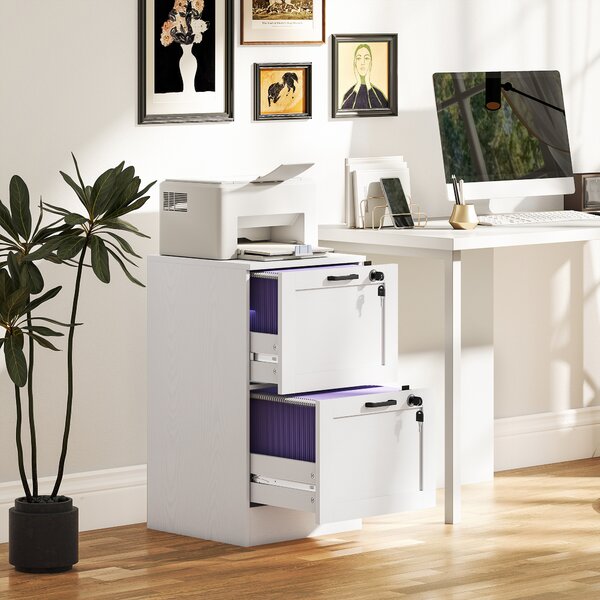HOMCOM Cassettiera Portadocumenti a 2 Cassetti con Serrature e Spazio per Stampante, in Legno, 40x40x71 cm, Bianco | Aosom Italy