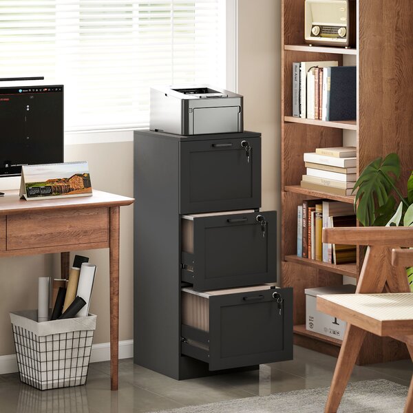 HOMCOM Cassettiera Portadocumenti a 3 Cassetti con Serrature e Spazio per Stampante, in Legno, 40x40x101 cm, Nero | Aosom Italy