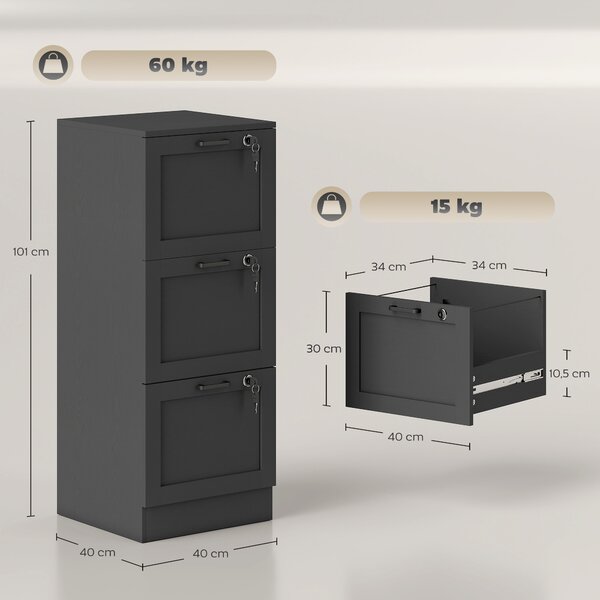 HOMCOM Cassettiera Portadocumenti a 3 Cassetti con Serrature e Spazio per Stampante, in Legno, 40x40x101 cm, Nero | Aosom Italy