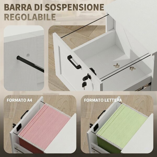 HOMCOM Cassettiera Portadocumenti a 2 Cassetti con Serrature e Spazio per Stampante, in Legno, 40x40x71 cm, Bianco | Aosom Italy