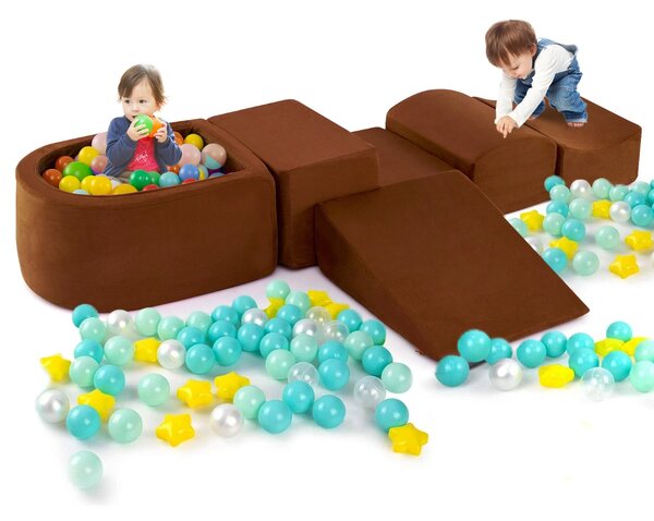 Costway Set di 5 blocchi di schiuma di blocchi giganti con piscina di palline, Grandi blocchi per giocare palline non incluse Marrone