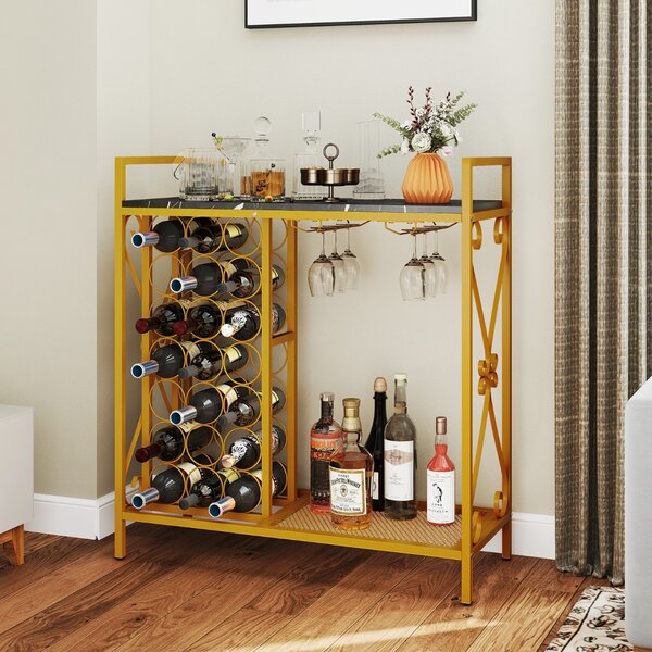 Costway Portabottiglie indipendente con portabicchieri e piano d'appoggio, Portavino in metallo 93 x 38 x 102 cm Oro