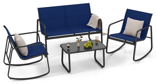 Costway Set di mobili da giardino 4 pezzi di sedute per 4 persone, Mobili per terrazza con dolce movimento oscillante Blu