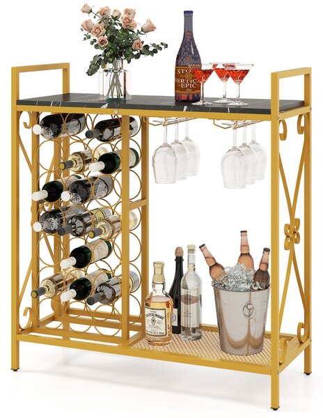 Costway Portabottiglie indipendente con portabicchieri e piano d'appoggio, Portavino in metallo 93 x 38 x 102 cm Oro