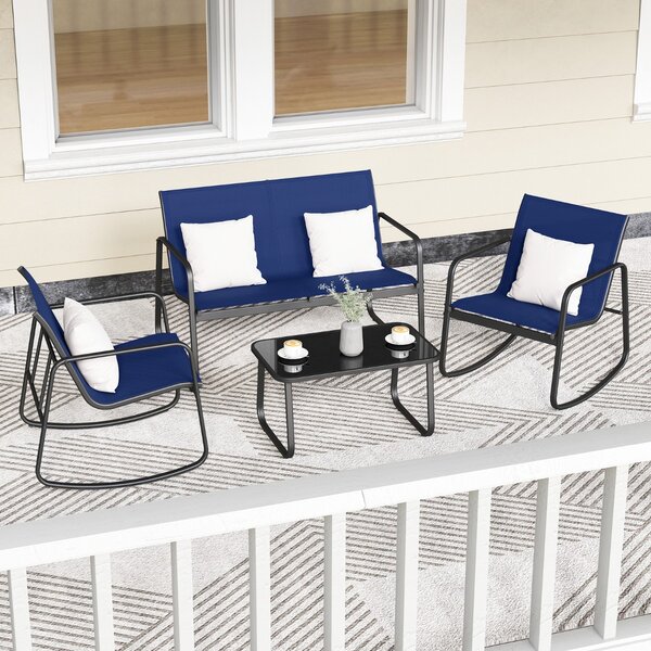 Costway Set di mobili da giardino 4 pezzi di sedute per 4 persone, Mobili per terrazza con dolce movimento oscillante Blu