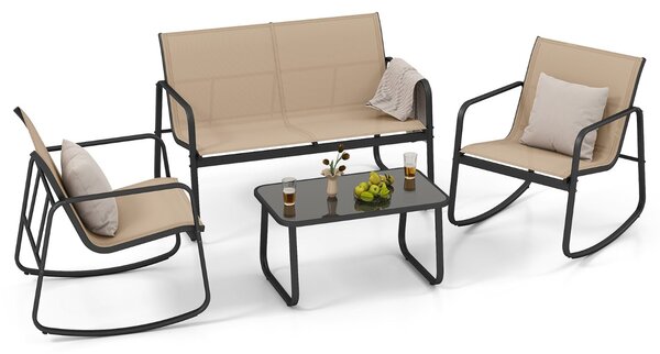 Costway Set di mobili da giardino 4 pezzi di sedute per 4 persone, Mobili per terrazza con dolce movimento oscillante Marrone