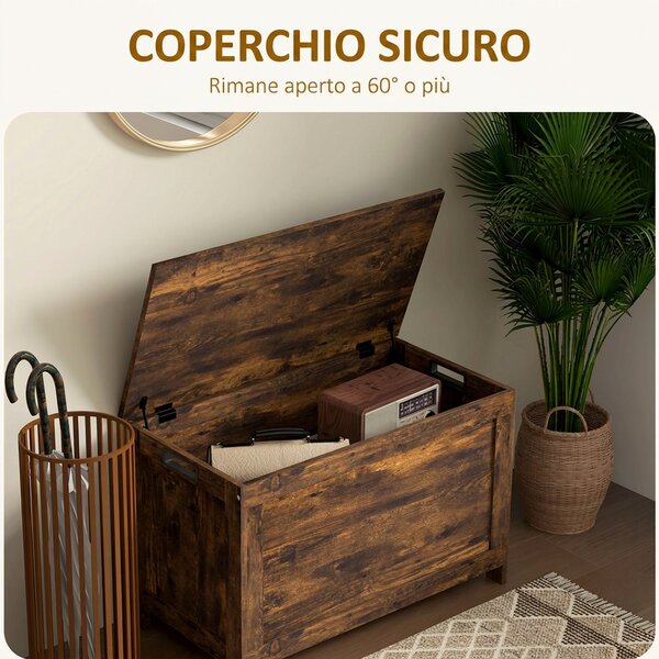 HOMCOM Cassapanca Contenitore da Interno con 2 Cerniere di Sicurezza, Maniglie Intagliate, 76x40x48 cm, Marrone Rustico | Aosom Italy