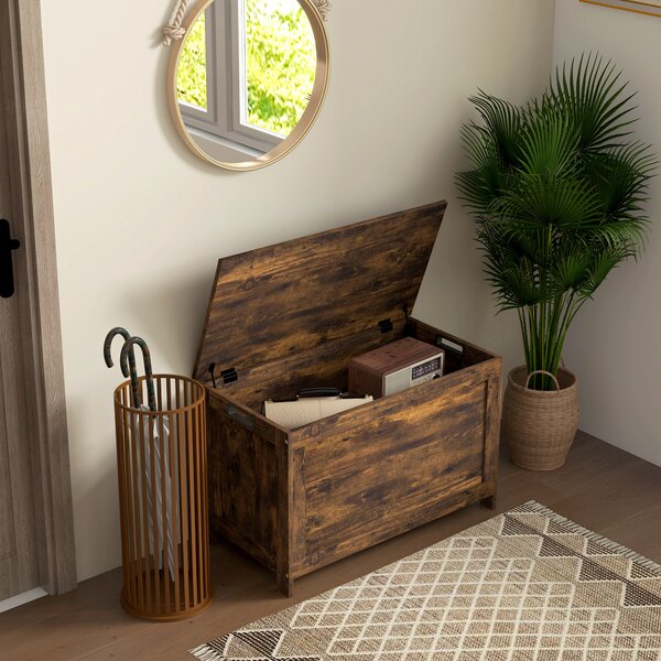 HOMCOM Cassapanca Contenitore da Interno con 2 Cerniere di Sicurezza, Maniglie Intagliate, 76x40x48 cm, Marrone Rustico | Aosom Italy