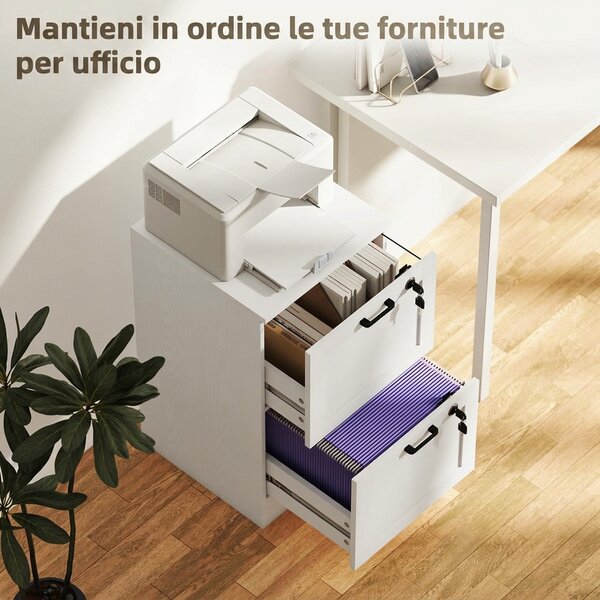 HOMCOM Cassettiera Portadocumenti a 2 Cassetti con Serrature e Spazio per Stampante, in Legno, 40x40x71 cm, Bianco | Aosom Italy