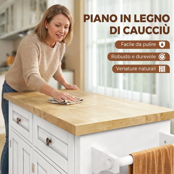 HOMCOM Isola da Cucina con Ruote e Cassetti, 111x44.5x82.5 cm, Bianco | Aosom Italy
