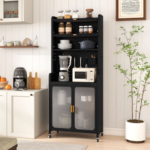 Costway Mobile autonomo in metallo per angolo caffè con ampio piano di lavoro, Armadio cucina per sala da pranzo Nero