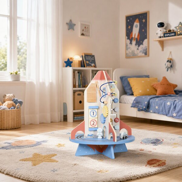 AIYAPLAY Tavolo Educativo Montessori per Bambini in Legno a Tema Razzo con Percorso di Perline, Ingranaggi e Abaco | Aosom Italy