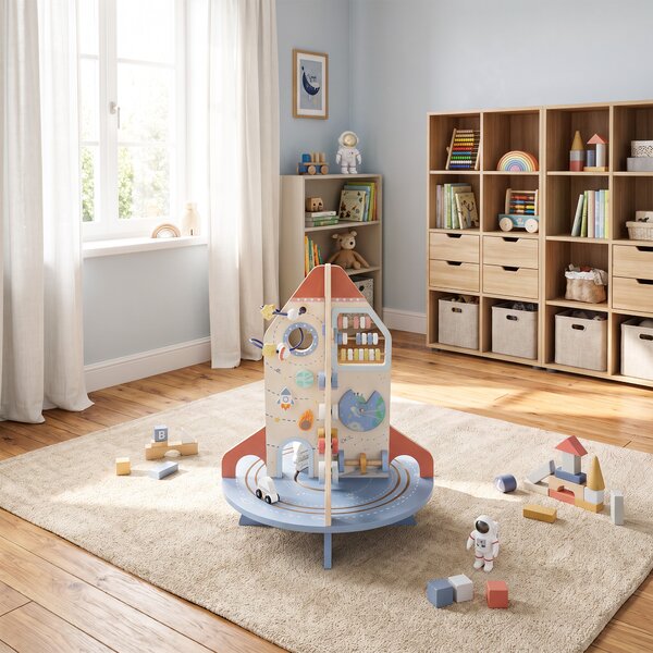 AIYAPLAY Tavolo Educativo Montessori per Bambini in Legno a Tema Razzo con Percorso di Perline, Ingranaggi e Abaco | Aosom Italy