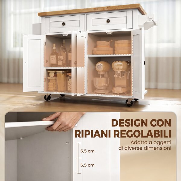 HOMCOM Isola da Cucina con Ruote e Cassetti, 111x44.5x82.5 cm, Bianco | Aosom Italy