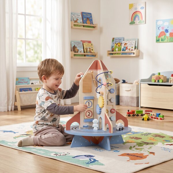 AIYAPLAY Tavolo Educativo Montessori per Bambini in Legno a Tema Razzo con Percorso di Perline, Ingranaggi e Abaco | Aosom Italy