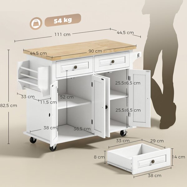 HOMCOM Isola da Cucina con Ruote e Cassetti, 111x44.5x82.5 cm, Bianco | Aosom Italy
