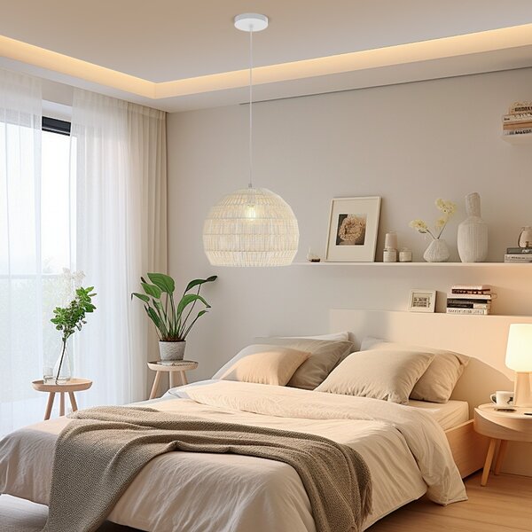 Costway Lampada a sospensione intrecciata in carta per cucina camera da letto, Lampadario boho con altezza regolabile Beige