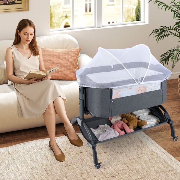 Costway Lettino affiancato con regolazione in altezza a 7 livelli per neonati, Culla co-sleeper per bambini cesto portaoggetti Grigio