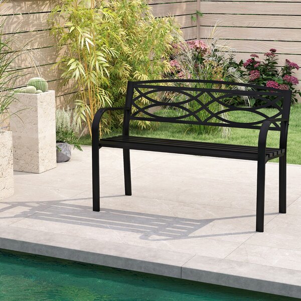 Costway Divanetto in metallo resistente per 2 persone con braccioli e schienale curvati, Panchina da giardino 116 cm per giardini Nero