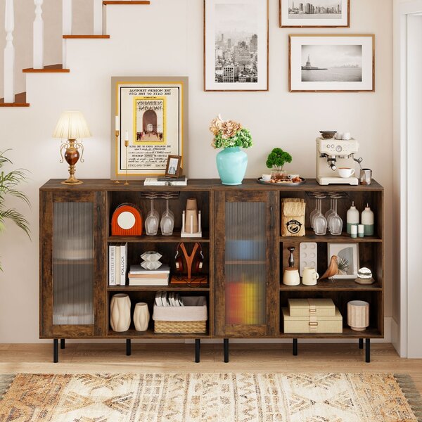 Costway Credenza con porta ripiano regolabile e portabicchieri da vino, Mobile per caffè sala da pranzo e soggiorno Marrone