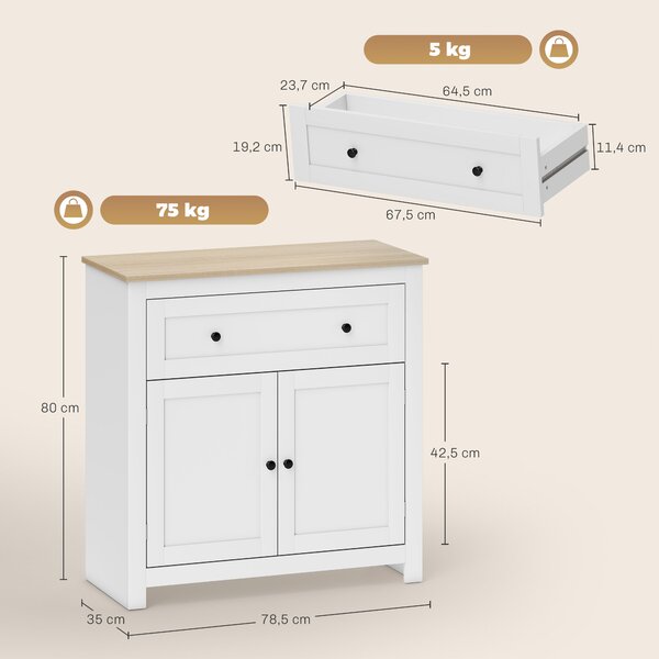 HOMCOM Credenza Cucina con Cassetto e Armadietto con Ripiano Regolabile, in Legno, 78.5x35x80 cm, Bianco | Aosom Italy