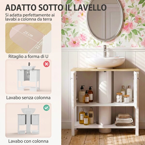 HOMCOM Mobile Sottolavabo da Bagno con 2 Ante e Ripiano Aperto, Bianco | Aosom Italy