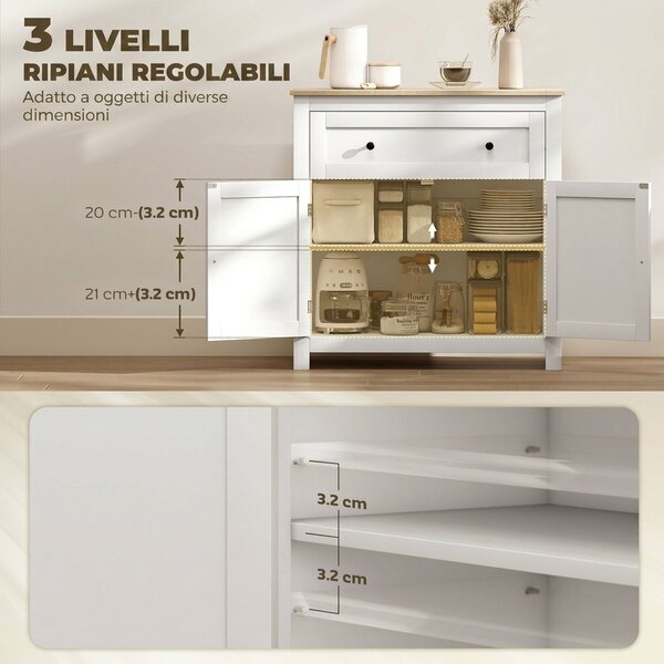 HOMCOM Credenza Cucina con Cassetto e Armadietto con Ripiano Regolabile, in Legno, 78.5x35x80 cm, Bianco | Aosom Italy