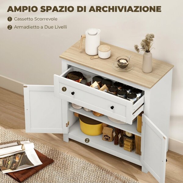 HOMCOM Credenza Cucina con Cassetto e Armadietto con Ripiano Regolabile, in Legno, 78.5x35x80 cm, Bianco | Aosom Italy