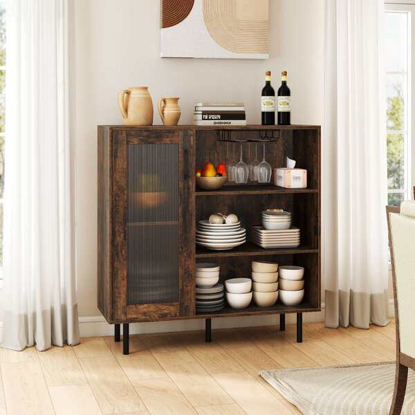 Costway Credenza con porta ripiano regolabile e portabicchieri da vino, Mobile per caffè sala da pranzo e soggiorno Marrone