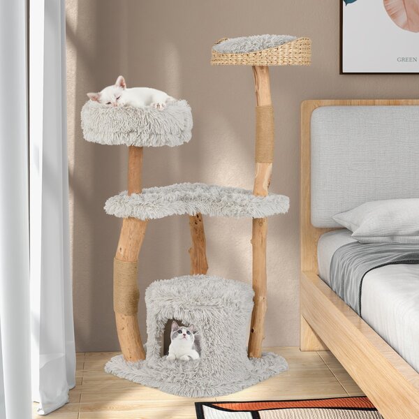 Costway Torre per gatti in legno massello con pali di corda di juta nicchia per gatti, Albero per gatti in legno alto 124 CM Grigio