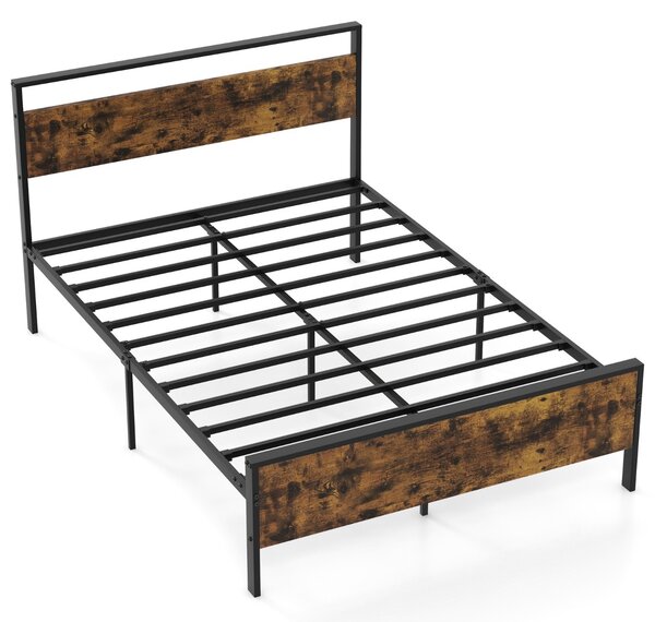 Costway Struttura letto matrimoniale per materasso con doghe in metallo robusto, Struttura del letto in legno industriale Marrone