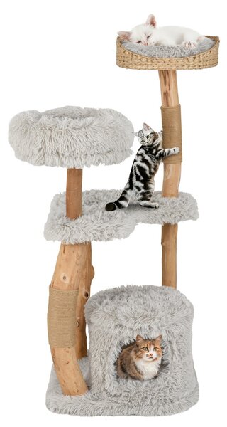 Costway Torre per gatti in legno massello con pali di corda di juta nicchia per gatti, Albero per gatti in legno alto 124 CM Grigio