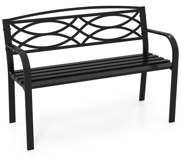 Costway Divanetto in metallo resistente per 2 persone con braccioli e schienale curvati, Panchina da giardino 116 cm per giardini Nero
