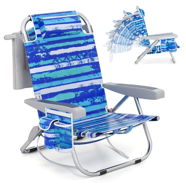 Costway Sedia da spiaggia zaino con portabicchieri tasche portaoggetti spallacci, Sdraio pieghevole a 5 posizioni Blu scuro