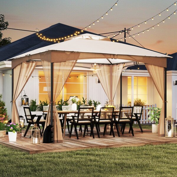 Costway Gazebo da patio tetto morbido a doppia copertura con 4 sacchetti di sabbia, Gazebo da patio 3 x 3,6 m per prato giardino all'aperto Sabbia