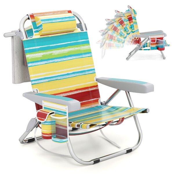 Costway Sedia da spiaggia zaino con portabicchieri tasche portaoggetti spallacci, Sdraio pieghevole a 5 posizioni Colorato 1