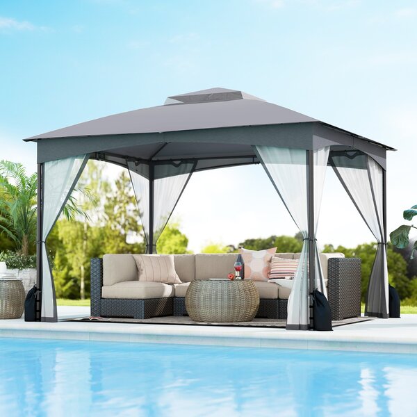 Costway Gazebo da patio tetto morbido a doppia copertura con 4 sacchetti di sabbia, Gazebo da patio 3 x 3,6 m per prato giardino all'aperto Grigio