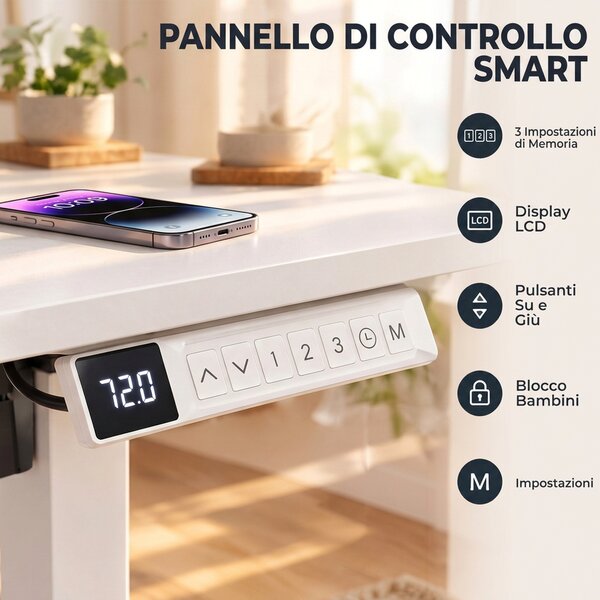 HOMCOM Scrivania Elettrica Regolabile con Display LCD 120x60 cm Bianco | Aosom Italy